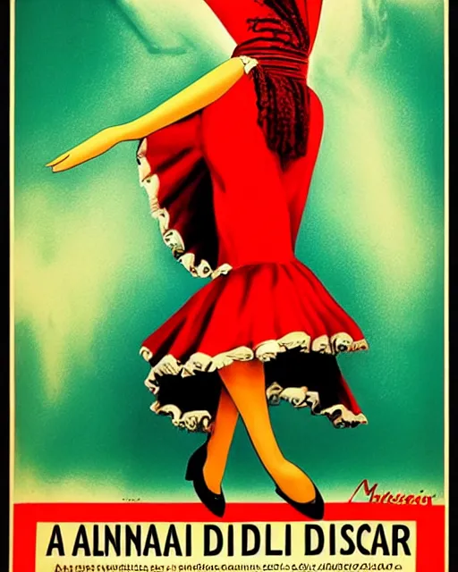 Prompt: an advertising poster of a andalusian flamenco dancer marin doll, retro style of andalusian fair poster