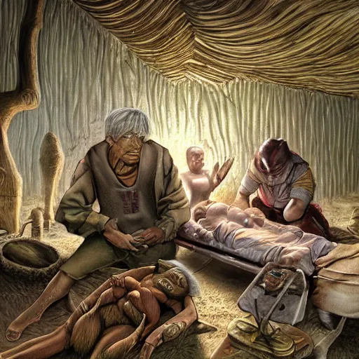 Prompt: primitive extraterrestrial villagers caring for weak and severely injured butch blond woman at bedside, inside primitive hut, dramatic lighting, illustration, ron cobb, mike mignogna, science fiction, detailed painting, high detail, coherent, rough paper