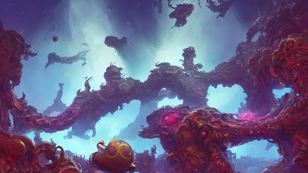 Prompt: Astronauts have a treasure with them, they are riding the giant Cthulhu, they are floating over the ring of the gas planet, this is an extravagant planet with wacky wildlife and some mythical animals, the background is full of nebulas and planets, the ambient is vivid and colorful with a terrifying atmosphere, by Jordan Grimmer digital art, trending on Artstation,