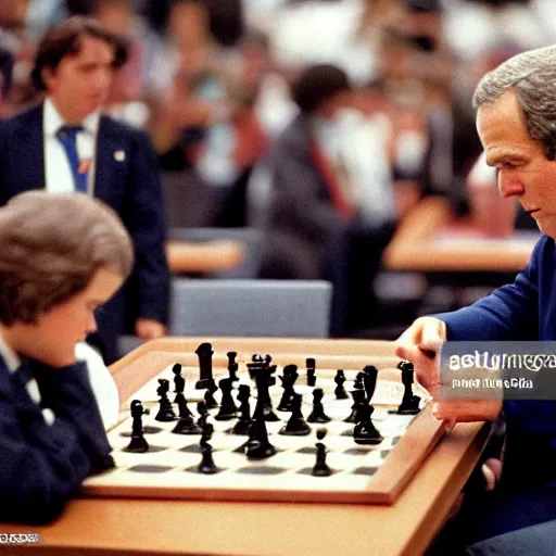 Image similar to actress rachel bloom playing chess against president george w. bush, 4 th game of world chess championship 1 9 8 4, digital photograph getty images dslr