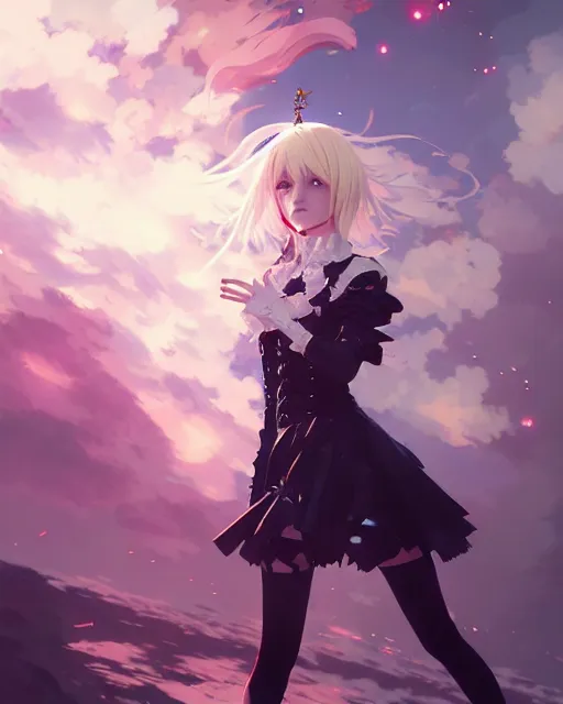 Image similar to blonde haired gothic magical girl anime character screenshot, anime, intricate, sharp focus, illustration, highly detailed, digital painting, clean artstyle, concept art, matte, art by ilya kuvshinov and ruan jia and greg rutkowski, masterpiece