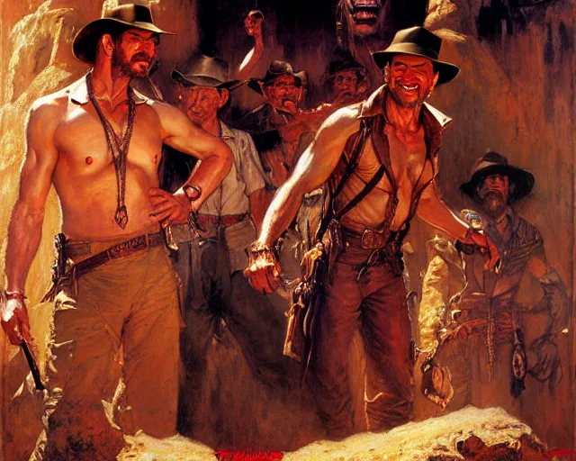 Prompt: indiana jones and the temple of doom, painting by gaston bussiere, craig mullins, j. c. leyendecker, tom of finland