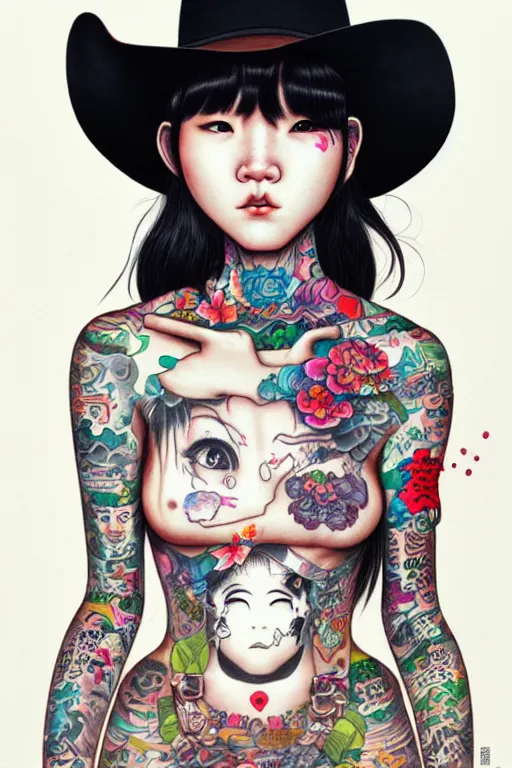 Image similar to full view of taiwanese girl with tattoos, wearing a cowboy hat, style of yoshii chie and hikari shimoda and martine johanna, highly detailed