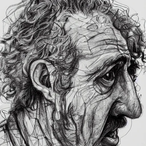 Prompt: a realistic yet scraggly portrait sketch of the side profile of a happy weird al, trending on artstation, intricate details, in the style of frank auerbach, in the style of sergio aragones, in the style of martin ansin, in the style of david aja, in the style of mattias adolfsson