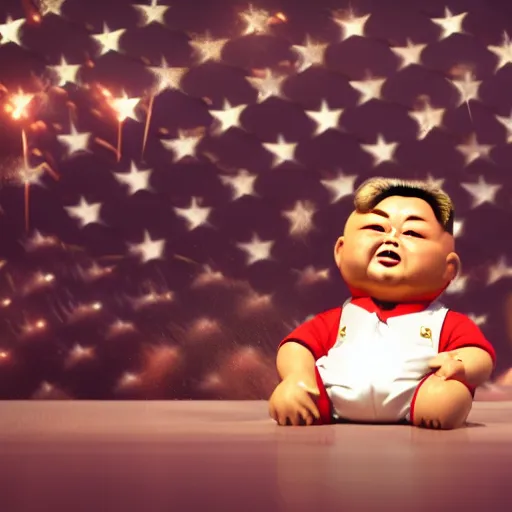 Image similar to kim jong un doll watching screaming chucky doll fireworks octane render