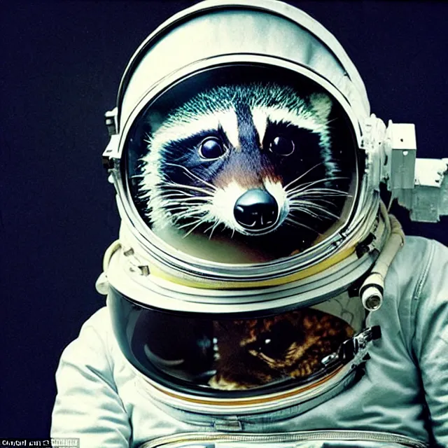 Prompt: realistic photo by annie liebovitz of a raccoon dressed as an astronaut wearing a space helmet