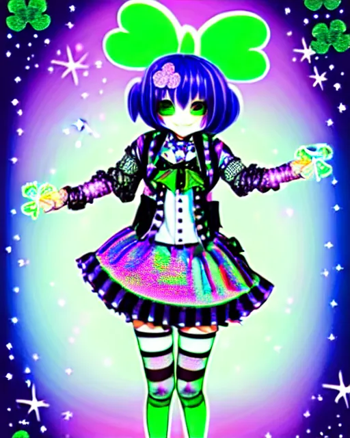 Prompt: a hologram of decora styled green haired yotsuba koiwai wearing stylish gothic lolita clothes, background full of lucky clovers and shinning stars, holography, irridescent, baroque visual kei decora art