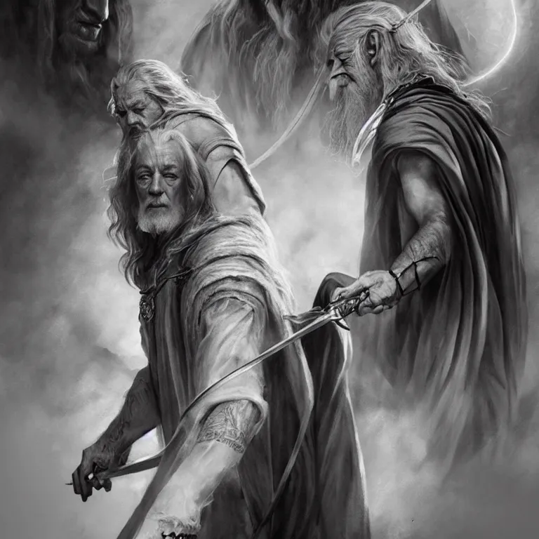 Image similar to lord of the rings black and white tattoo of gandalf by greg rutkowski