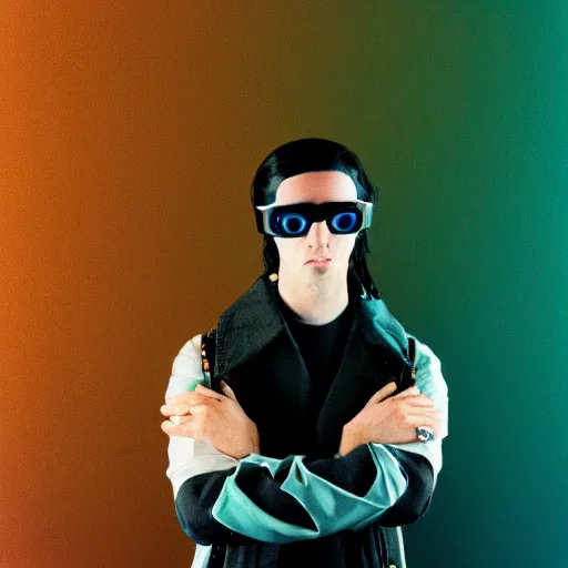 Image similar to kodak ektar 1 0 0 photograph of a nerdy goth guy wearing goggles and eclectic jewelry, moody lighting, telephoto, 9 0 s vibe, blurred background, vaporwave colors, faded!,