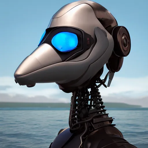 Prompt: furry art, male anthro shark hybrid robot, integrated synthetic android, face covered by visor, wide snout protruding from under visor, ultramarine metal, sea in background, fursona commission on furaffinity, 3 d, cgsociety, octane render