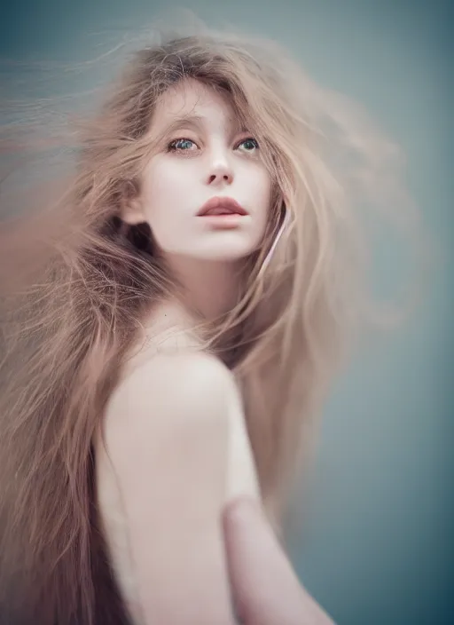 Image similar to cinestill 5 0 d photo portrait of a beautiful woman, delicate, dreamy, subsurface scattering, long hair floating in air in style of gilles zimmermann, 5 0 mm lens, f 2. 4, sharp focus, ethereal, emotionally evoking, head in focus, soft blur light, matt dreamy colour scheme, volumetric lighting, hyperrealistic, ultradetailed