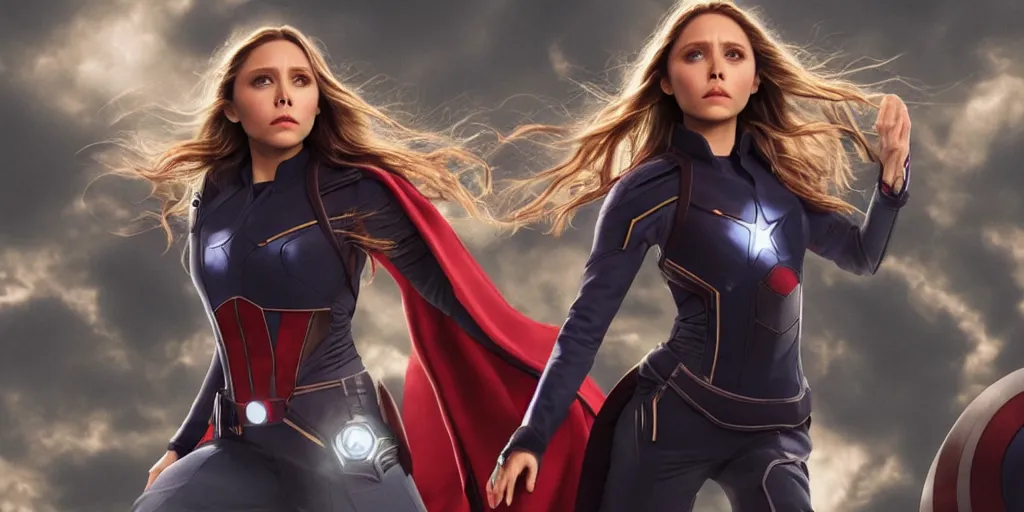 Image similar to Photorealistic art of Elizabeth Olsen as all of the Avengers, full body, action shot, high definition, cinematic, realistic