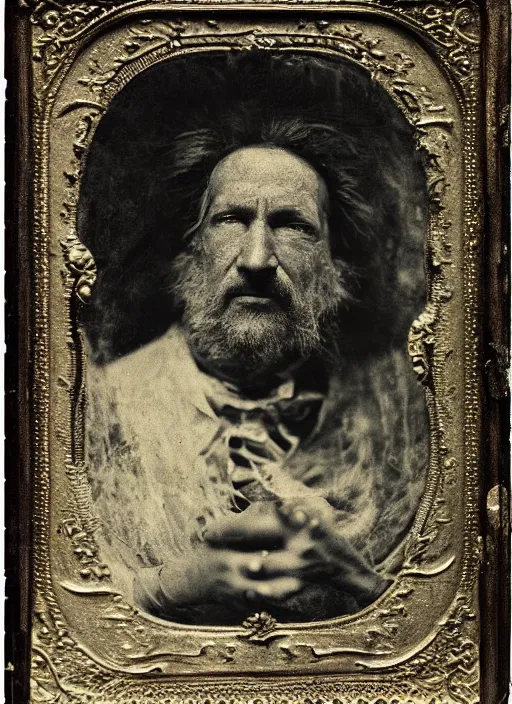 Image similar to old wetplate daguerreotype portrait of a mad man, explosion of data fragments, fractal, intricate, elegant, highly detailed, parallax, leica, medium format, subsurface scattering, by jheronimus bosch and greg rutkowski and louis jacques mande daguerre