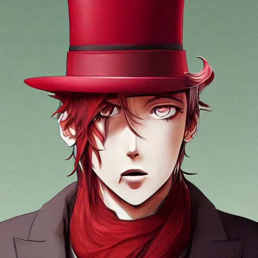 Prompt: semi realistic anime illustration of top hat wearing red haired man smoking a cigarette, with slight stubble, with beautiful hyperdetailed eyes, facing camera directly, full face portrait made by Stanley Artgerm, WLOP, Rossdraws, James Jean Andrei Riabovitchev, Marc Simonetti, Yoshitaka Amano, Artstation
