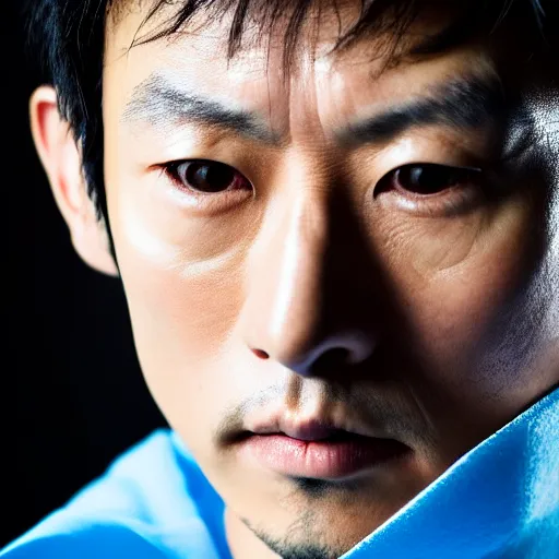 Image similar to a close up photographic portrait of a handsome japanese actor wearing wet weather gear looking worried taken by annie leibowitz. cinematic lighting, blue background colour, 5 0 mm, subsurface scatter, sci fi.