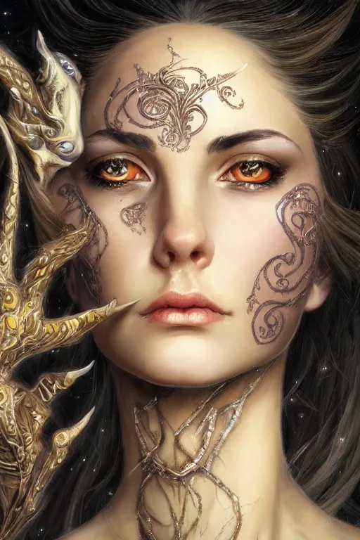 Prompt: high quality extremely detailed closeup portrait of a young gorgeous female warlock looking away from the camera, detailed eyes, sparkle in eyes, no hands visible, fantasy, d & d, intricate, painting by lucian freud and mark brooks, hd