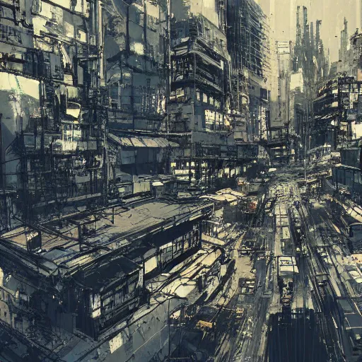 Image similar to concept art of tokyo city taken from drone by yoji shinkawa and ashley wood and j. m. w. turner, speed painting, photo bash, cinematic angle, super detailing