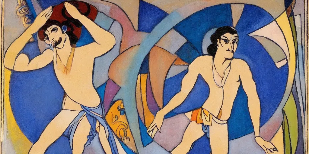 Image similar to an abstract spiritual background, a latino greek god dancing mindlessly, clear eyes. 2 4 mm, photorealistic, muted color scheme, directed by albert gleizes