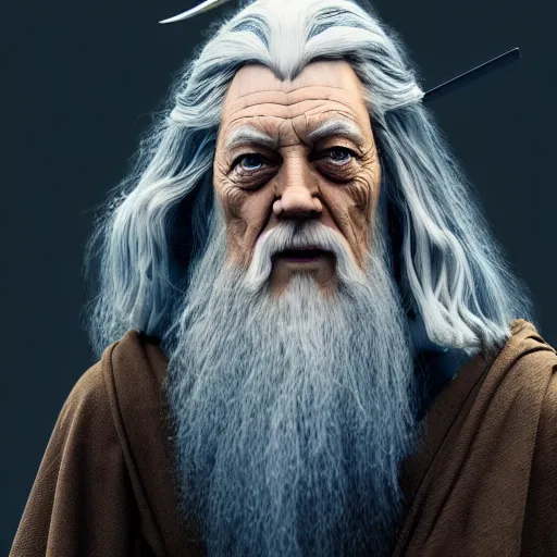 Prompt: Gandalf, but as an technically augmented human, cyberpunk, exobiology, hyper realistic, hyper detailed, realistic picture, high angle shot, Long shot, by Constantine Andreou, 4k post-processing highly detailed,