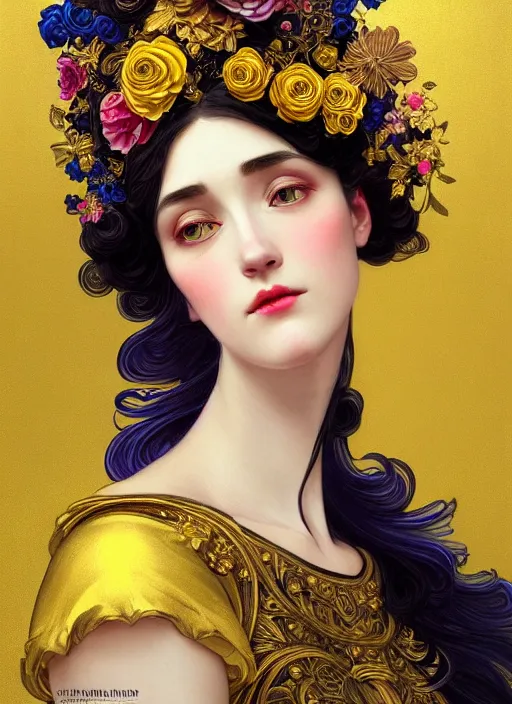 Image similar to beautiful black blue yellow, complicated gold and pink flowers in baroque style headwears, dark fantasy, intricate, elegant, highly detailed, digital painting, artstation, concept art, matte, 3 d 8 k octane rendered, sharp focus, illustration, octane rendered, art by artgerm and alphonse mucha, leesha hannigan