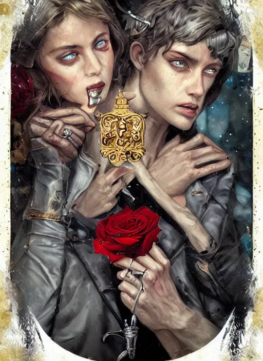 Image similar to tarot card :: horror :: hearts and roses :: gold and silver :: guns and swords :: Sandra Chevrier and bastien lecouffe deharme