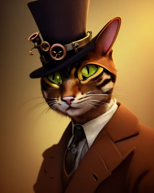 Image similar to steampunk male cat portrait, handsome, steampunk hat, detective coat, steampunk monocle, hyper realistic 3 d render by ilya kuvshinov, peter mohrbacher, greg rutkowski, ryohei hase, dramatic lighting, intricate, highly detailed, sharp focus, luminous, unreal engine, blender, artstation, masterpiece, ray tracing