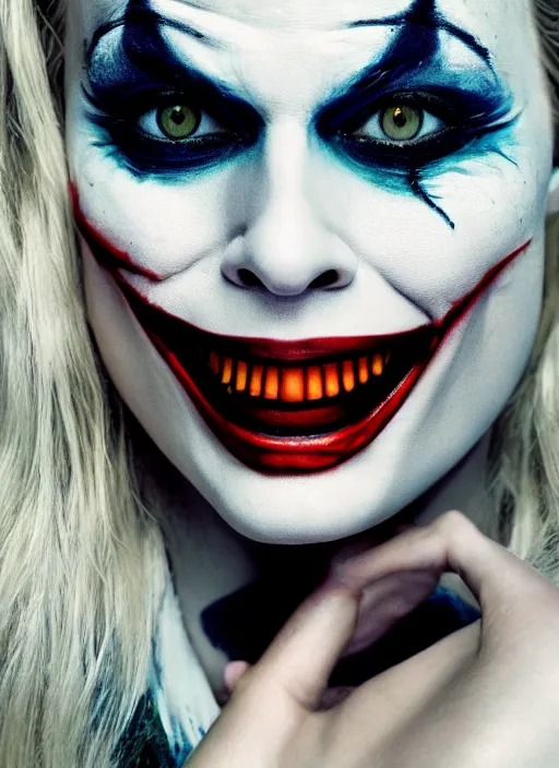 Image similar to photo of Margot Robbie as the Joker by Mario Testino, head shot, detailed, award winning, Sony a7R