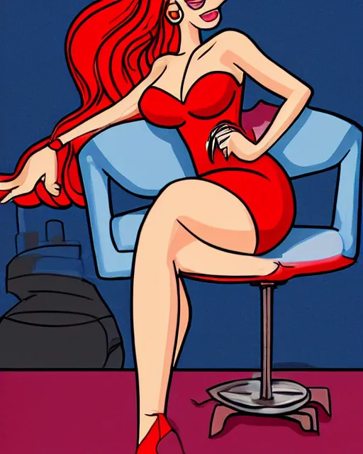 Prompt: Jessica Rabbit eating a bag of Doritos, sitting on a chair