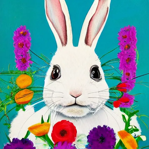 Image similar to The painting is a beautiful and playful work that perfectly encapsulates the artist\'s unique style. The painting features a rabbit made out of ceramic, which is surrounded by brightly colored flowers. The work is both charming and sophisticated, and it is sure to bring a smile to any viewer\'s face. Hadean by Mike Winkelmann, by Walter Percy Day