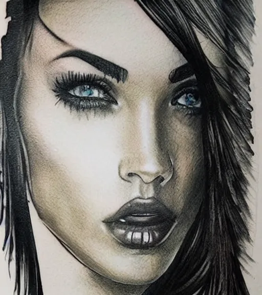 Image similar to realism tattoo sketch of a megan fox face in a double exposure effect with mountain scenery, in the style of matteo pasqualin, amazing detail, sharp