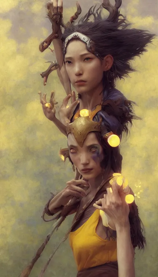 Image similar to epic masterpiece [rincess mononoke, drama, sweaty skin, hyperrealistic, octane render, cinematic, beautiful face and flawless skin, perfect hands, 5 fingers, yellow by Edgar Maxence and Ross Tran and Michael Whelan and Lorenzo Sperlonga, Brom, Legends of Runeterra