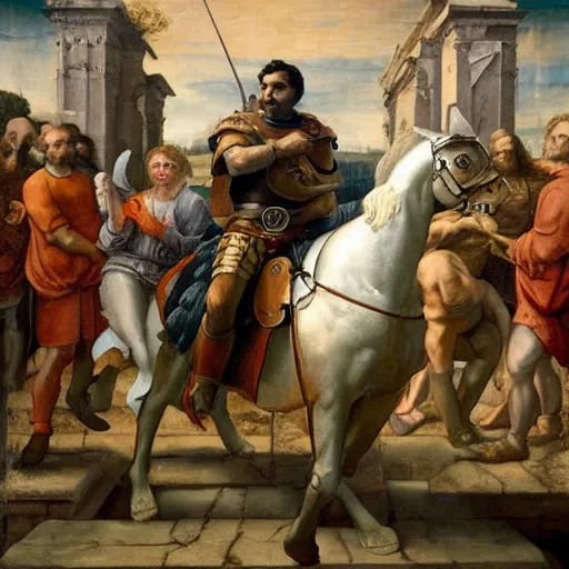 Image similar to renaissance painting of oscar isaac in armor playing achilles, ancient city in background, ultra detailed, movie poster, in the style of leonardo davinci