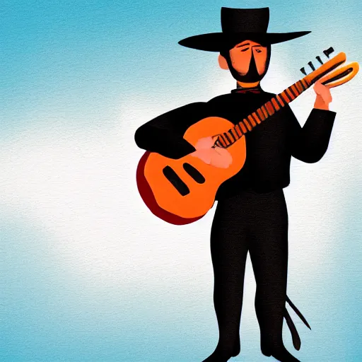 Prompt: Mariachi band player wielding a guitar as a weapon, Spanish, cell shaded art
