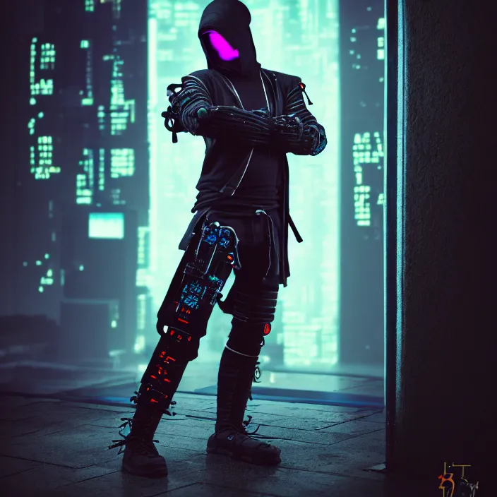 Prompt: full body photograph of a cyberpunk ninja, extremely detailed. dslr. 8 5 mm.