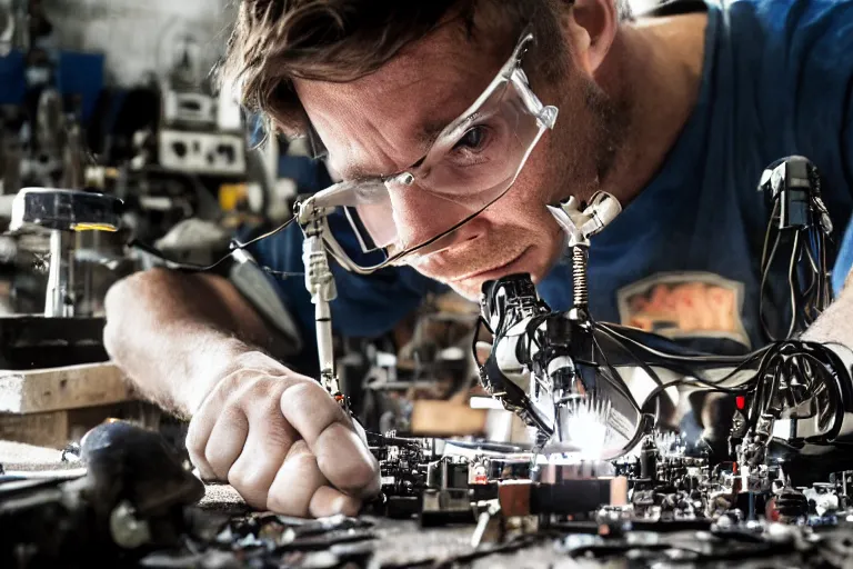 Image similar to cinematography closeup portrait of a Man soldering repairing robot parts in his garage by Michael Bay