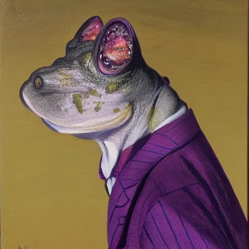 Image similar to Portrait of a psychotic crossbreed between a rabid dog and a toad, in a purple suit, oil painting