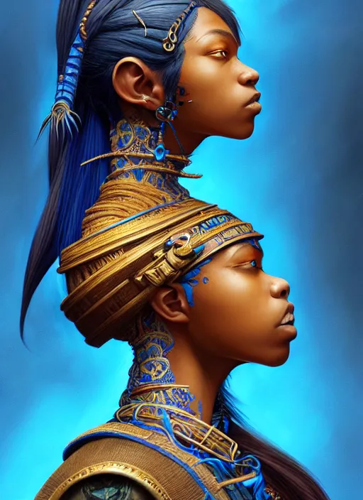 Image similar to : side profile blue avatar, fantasy magic,, intricate, sharp focus, illustration, highly detailed, digital painting, concept art, jahbu art and paul lewin and kehinde wiley, masterpiece