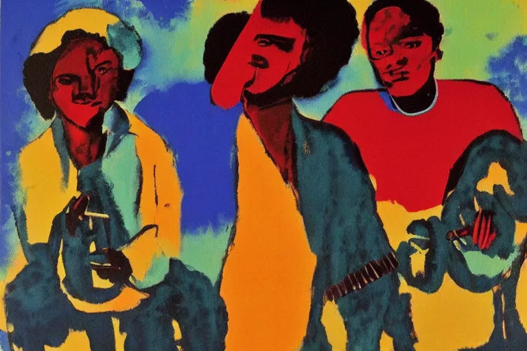 Prompt: afroamerican trumpet jazzist by andy warhol and cezanne, loose brush strokes, high contrast, thick oil painting