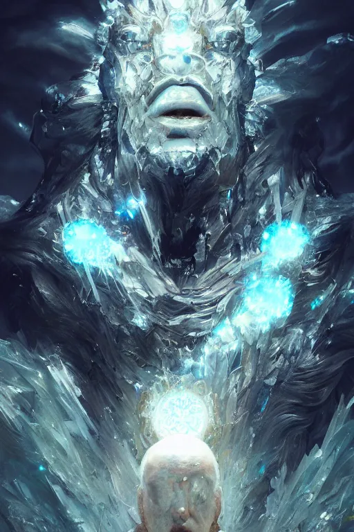 Image similar to a portrait of a crystalized god by Greg Rutkowski, Sung Choi, Mitchell Mohrhauser, Maciej Kuciara, Johnson Ting, Maxim Verehin, Peter Konig, final fantasy , mythical, 8k photorealistic, cinematic lighting, HD, high details, atmospheric,