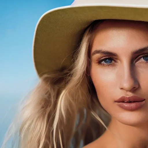 Prompt: photograph of an olive skinned blonde female model in her twenties, her hair pinned up under designer hat, wearing a designer top, looking content, focused on her neck, photo realistic, extreme detail skin, natural beauty, no filter, slr, golden hour, 8 k, high definition, selfie