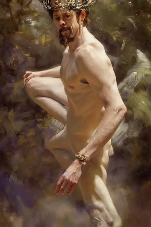 Image similar to beautiful detailed expressive impressionistic oil painting portrait of ancient roman god emperor steve buscemi levitating in angelic pose wearing the civic crown, art by anders zorn, wonderful masterpiece by greg rutkowski, expressive brush strokes, beautiful cinematic light, american romanticism by greg manchess, jessica rossier