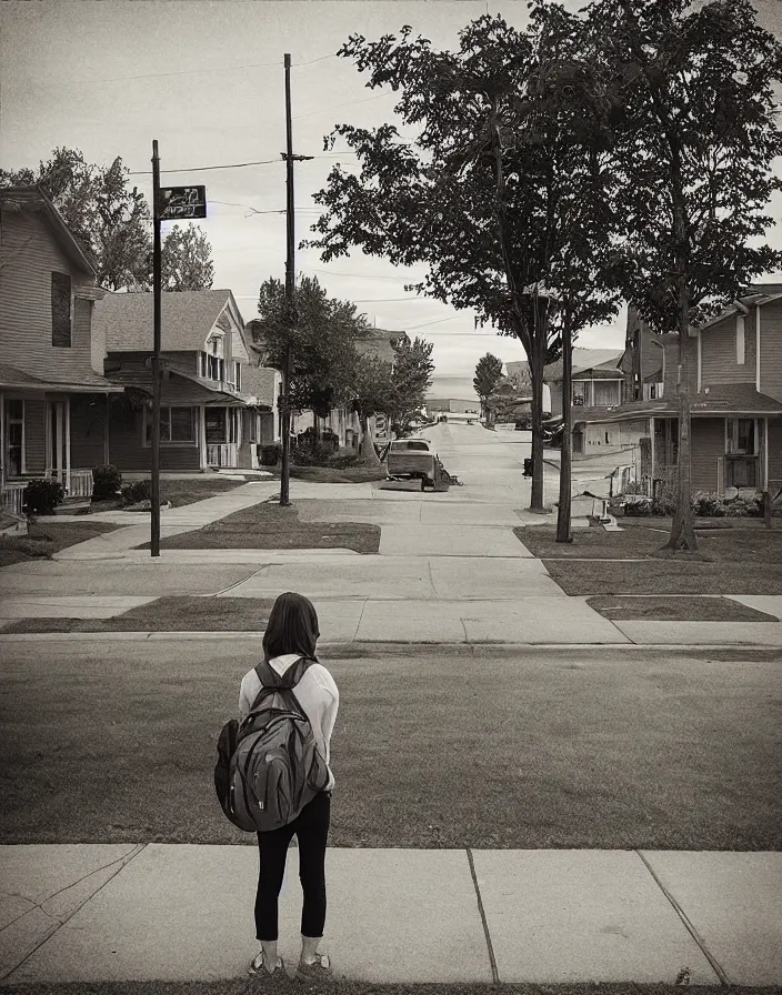 Image similar to “ quiet american neighborhood, a woman waiting holding a backpack, in the style of gregory crewdson ”