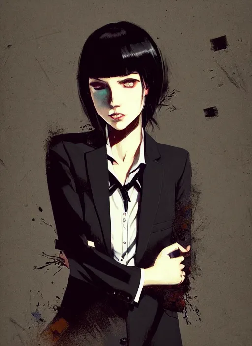 Image similar to a ultradetailed beautiful panting of a stylish woman wearing a shirt with a tie, she has black hair, distressed, background explosion, by ashley wood, ilya kuvshinov, greg rutkowski on artstation