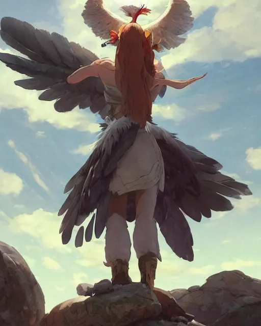 Prompt: a female anthropomorphic eagle warrior standing heroically on a rock, she is wearing feathers. trees. atmospheric lighting. Eagle girl. By Makoto Shinkai, Stanley Artgerm Lau, WLOP, Rossdraws, James Jean, Andrei Riabovitchev, Marc Simonetti, krenz cushart, Sakimichan, D&D trending on ArtStation, digital art.