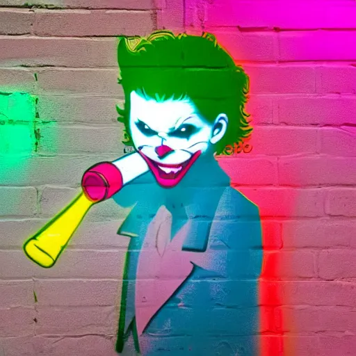 Image similar to florescent glowwave graffiti of the baby joker drinking wine on a street wall, glow wave