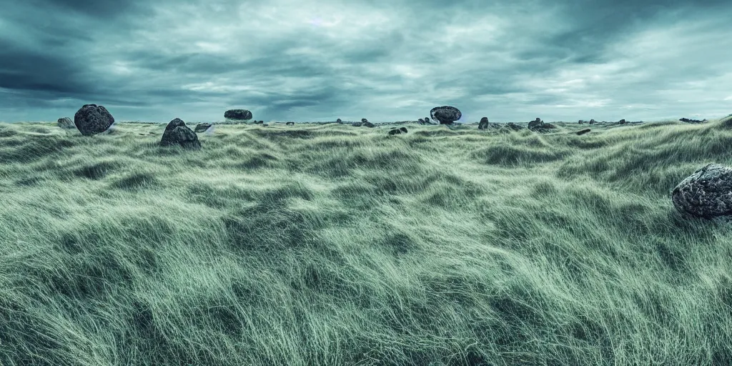 Prompt: a breathtaking surreal render of windswept dunes scandinavian landscape, blue - green grass, dunes, crooked windbent trees in background, a withered ancient stone + portal in center in focus, blue tint, ultra wide shot, cinematic, 8 k, photorealistic, dramatic lighting