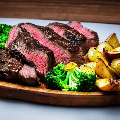 Prompt: advertising photography of a delicious large cooked and seasoned medium well steak, topped with melted mozzarella cheese, and a side of seasoned vegetable and potato and broccoli medley, all served on a wooden table, spot lighting, restaurant promotional poster