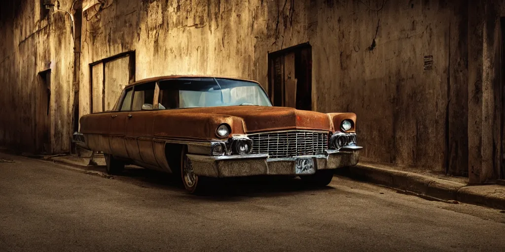 Image similar to a widescreen photo of a old rusty cadillac full with angry children, in a dark alley, low light, by steve mccurry