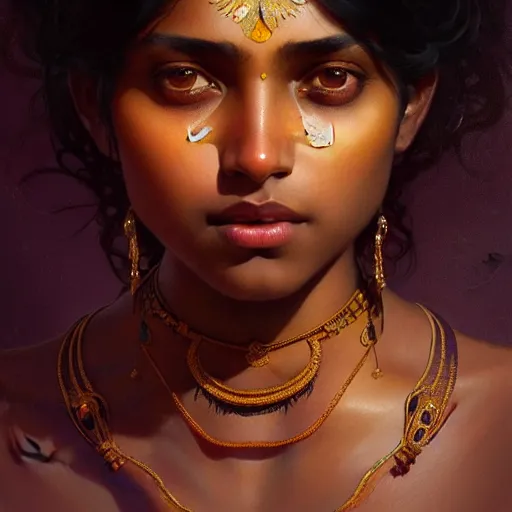 Image similar to Portrait of an indian girl with black hair, brown skin, glowing skin, fantasy, intricate, elegant, highly detailed, digital painting, artstation, concept art, smooth, sharp focus, illustration, art by Krenz Cushart and Artem Demura and alphonse mucha