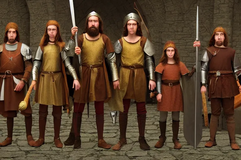 Image similar to A group of medieval high fantasy adventurers lined up for a portrait, Screenshot of Wes Anderson's New RPG Movie, Photo realistic, Regal, Formal, Symmetrical, Satisfying, Dynamic lighting, Highly Detailed, Cinematic Lighting, 8k, HD